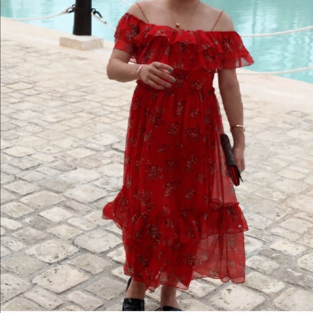 Zara red floral off shoulder dress